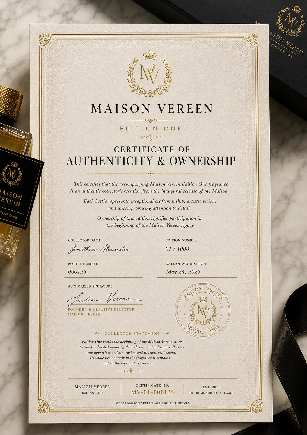 Certificate of Authenticity with Edition I bottle and wax seal